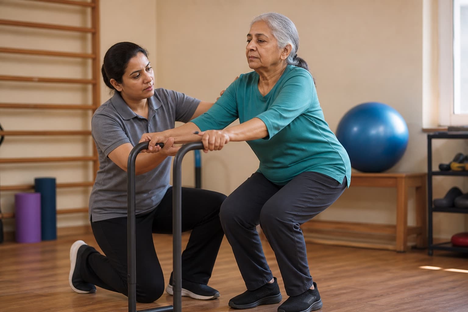 A clinician examining a patient's hand and joints during a consultation