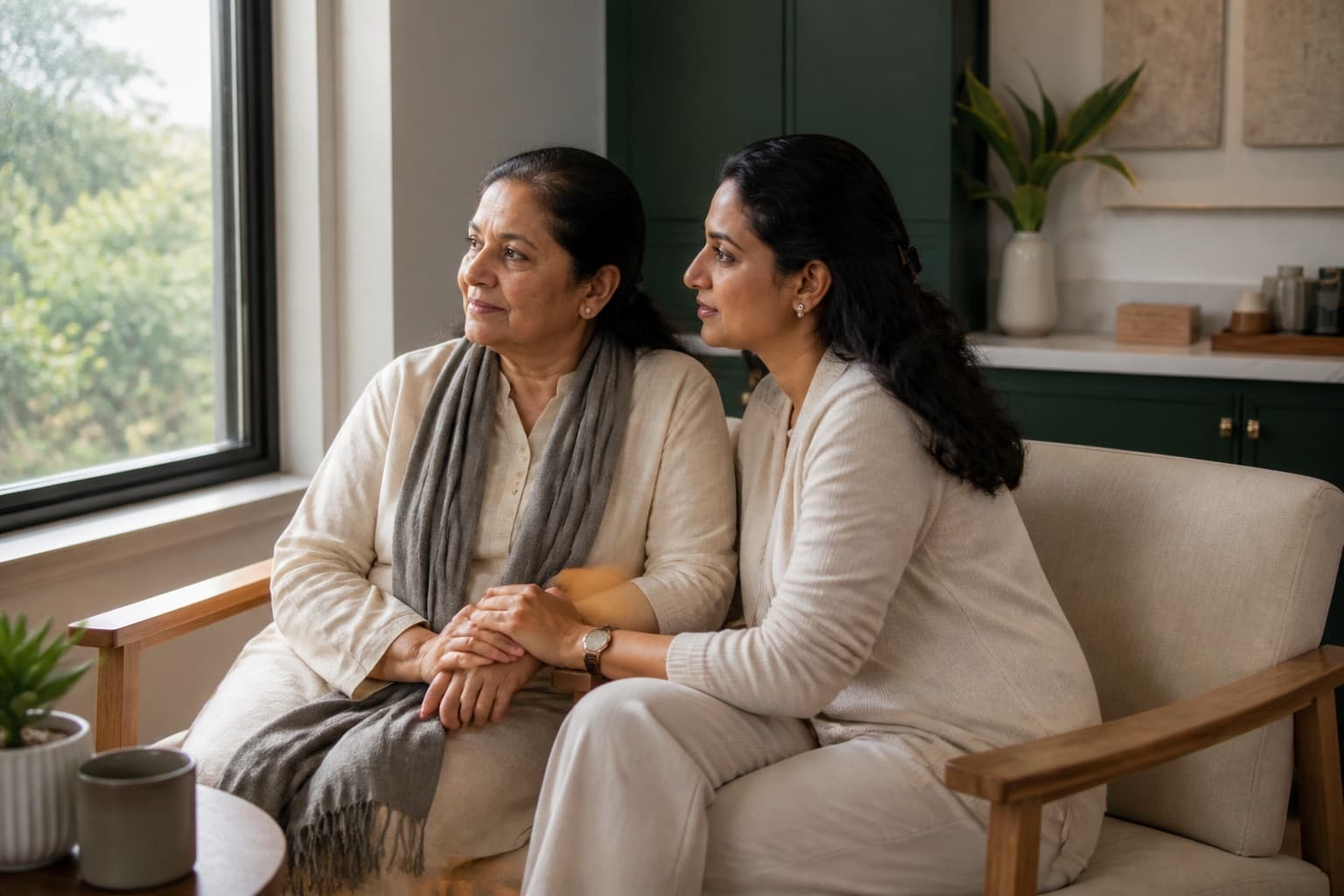 A clinician speaking with a patient in a warm consultation room