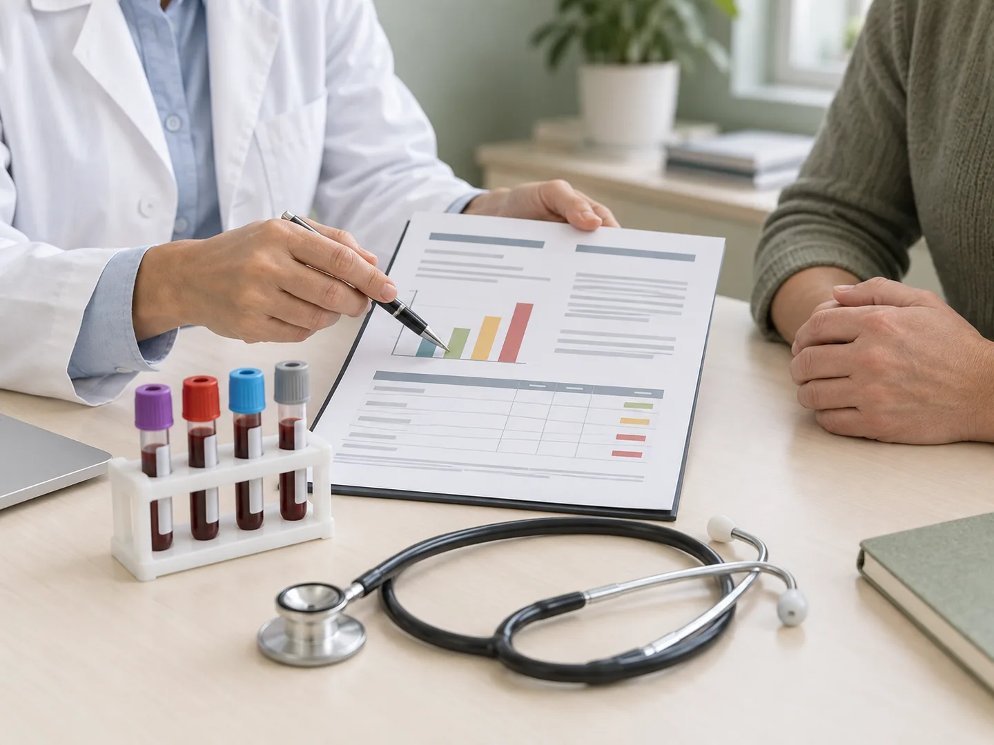 A cholesterol blood-test report being reviewed beside capped sample tubes and a stethoscope