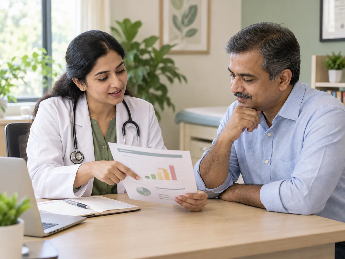 A doctor reviewing a lipid-panel report with a patient