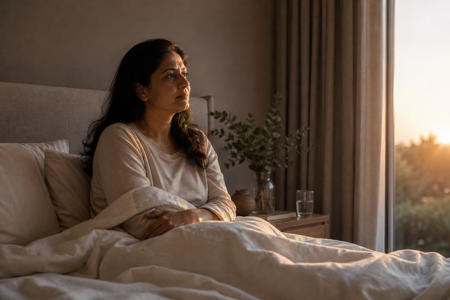 A woman sitting up in bed at dawn, looking toward a sunlit window