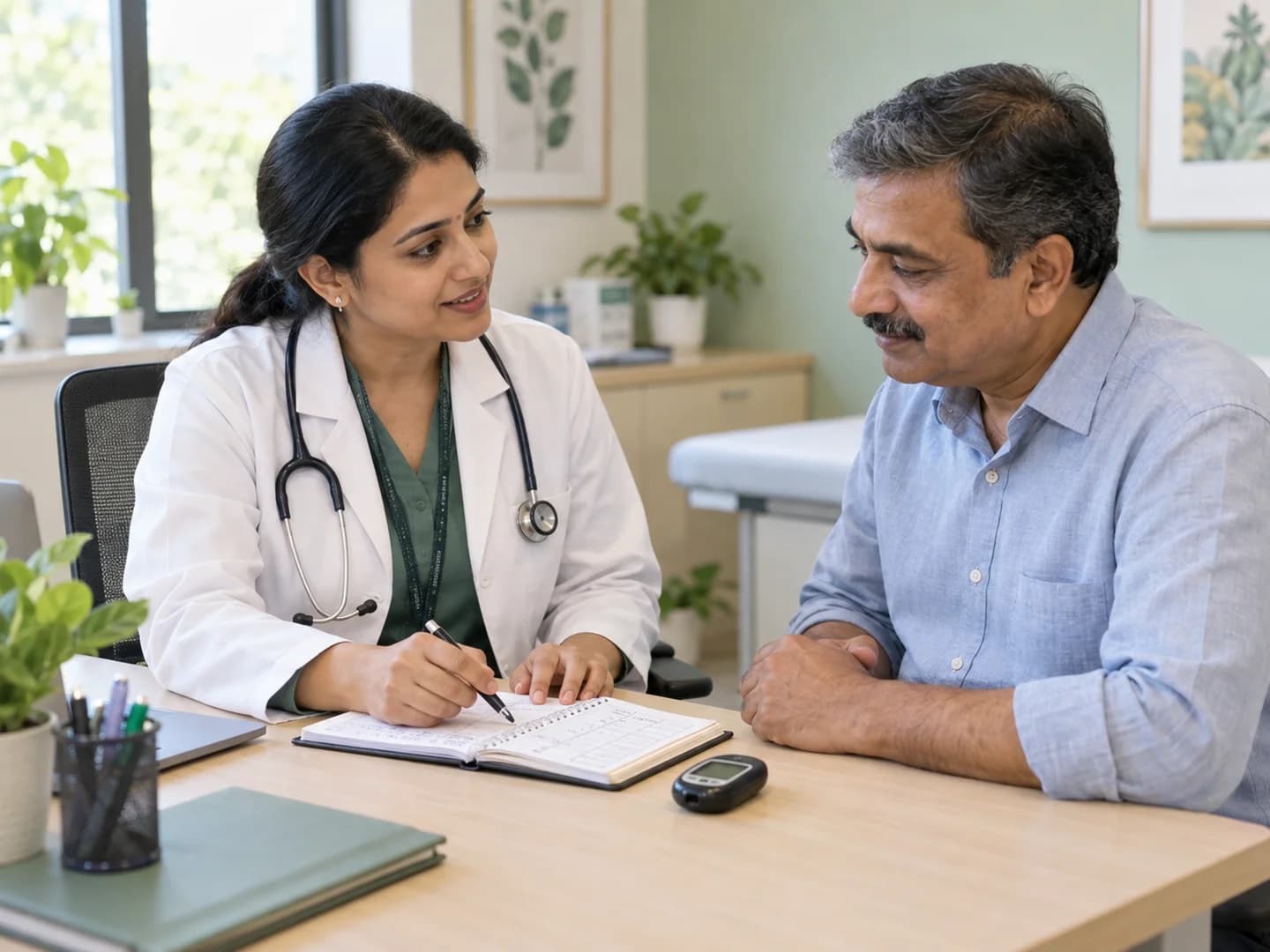 A doctor and patient reviewing a blood glucose diary during a diabetes consultation