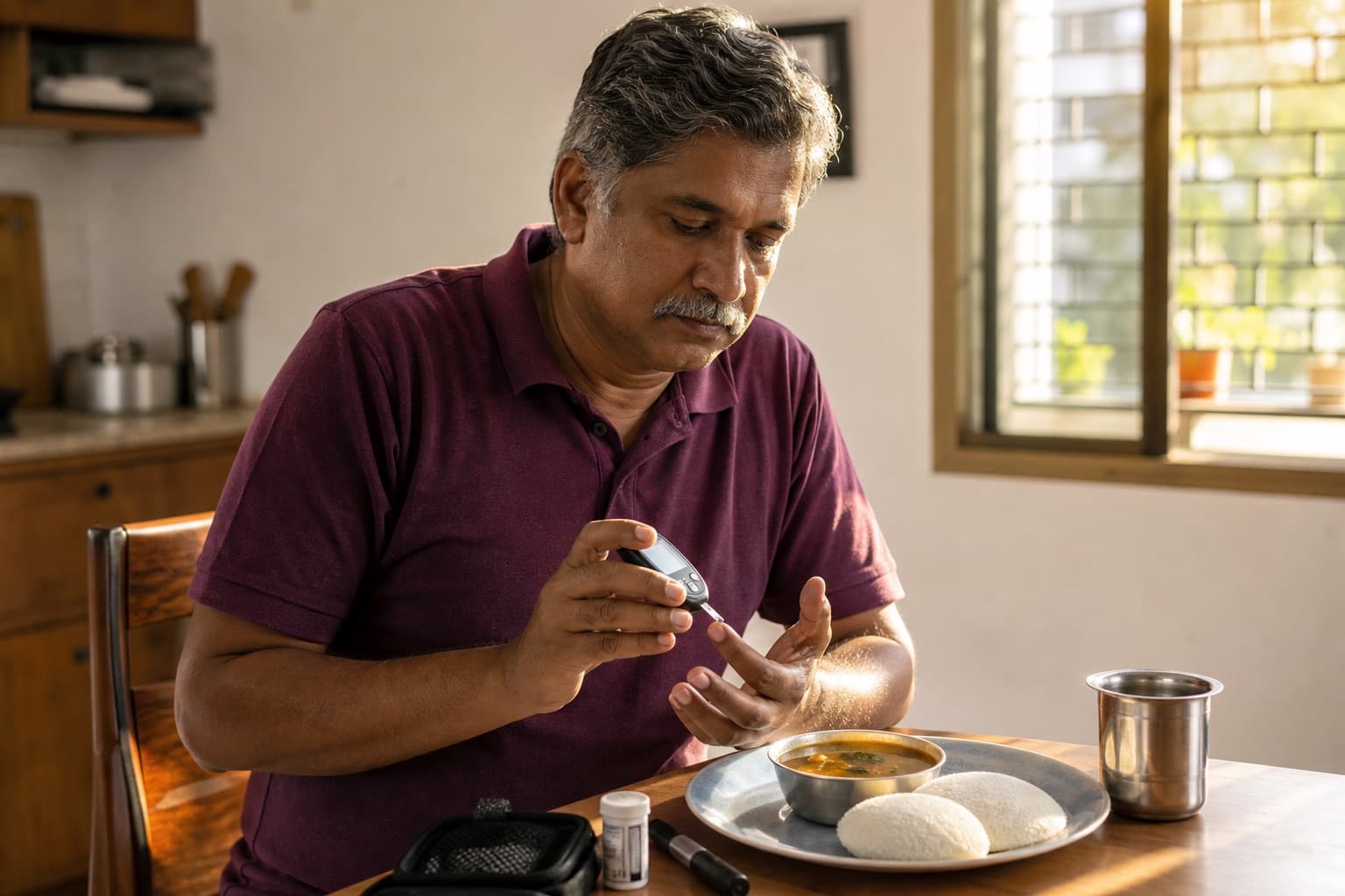 A man checking a glucose monitor beside a simple South Indian breakfast