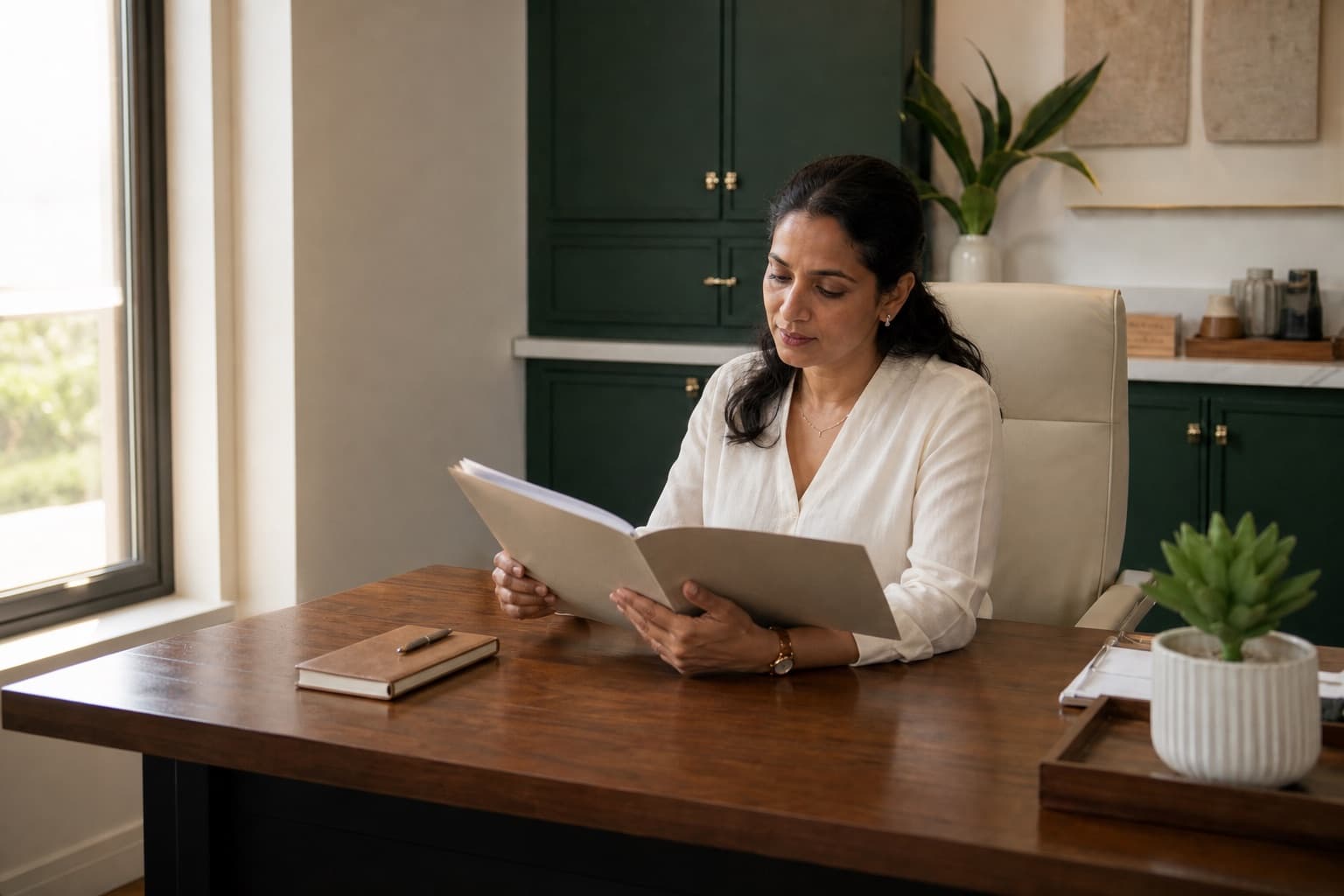A physician reviewing a patient folder at a wooden desk in a warm clinic office