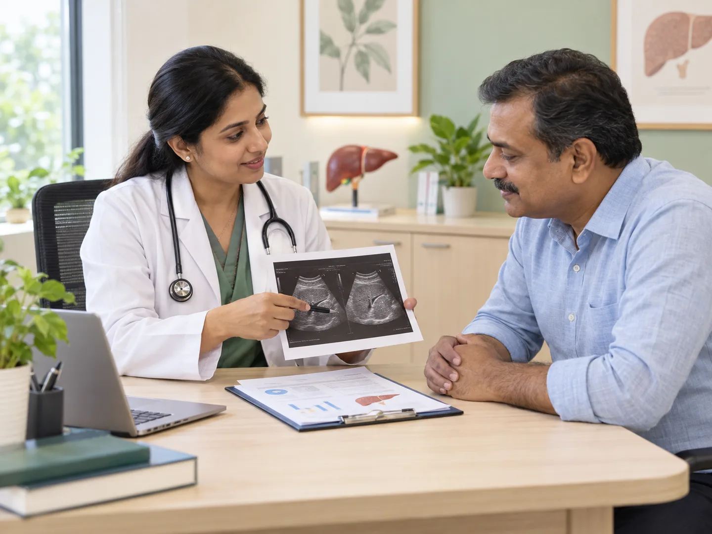 A doctor reviewing a liver ultrasound with a patient