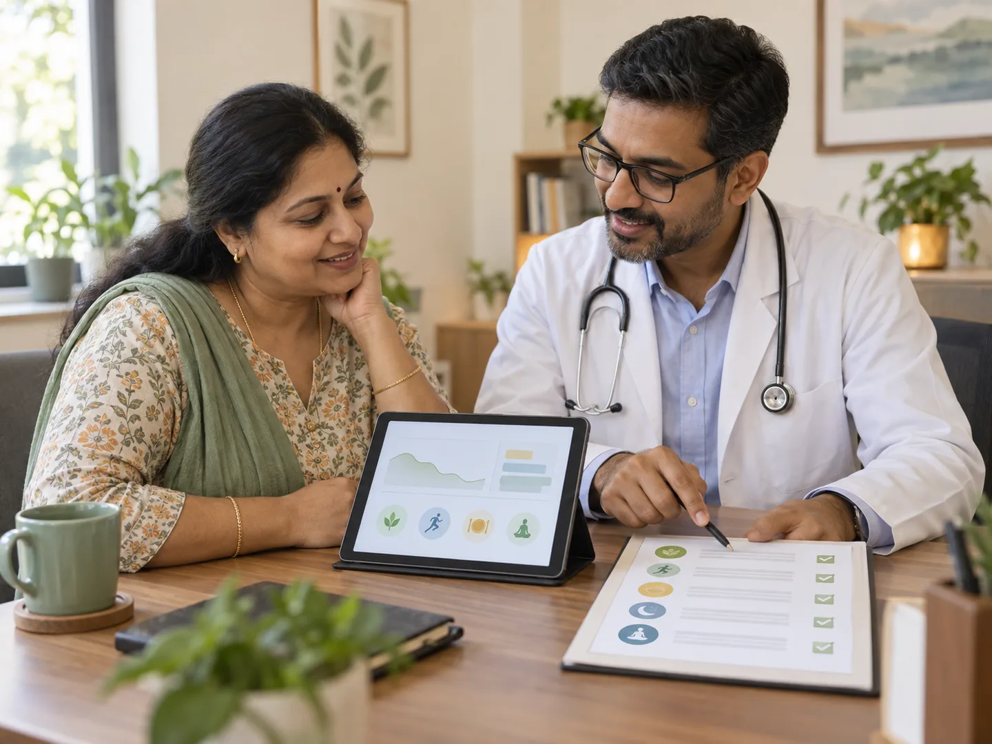 A doctor and patient reviewing a personalised fatty-liver follow-up plan