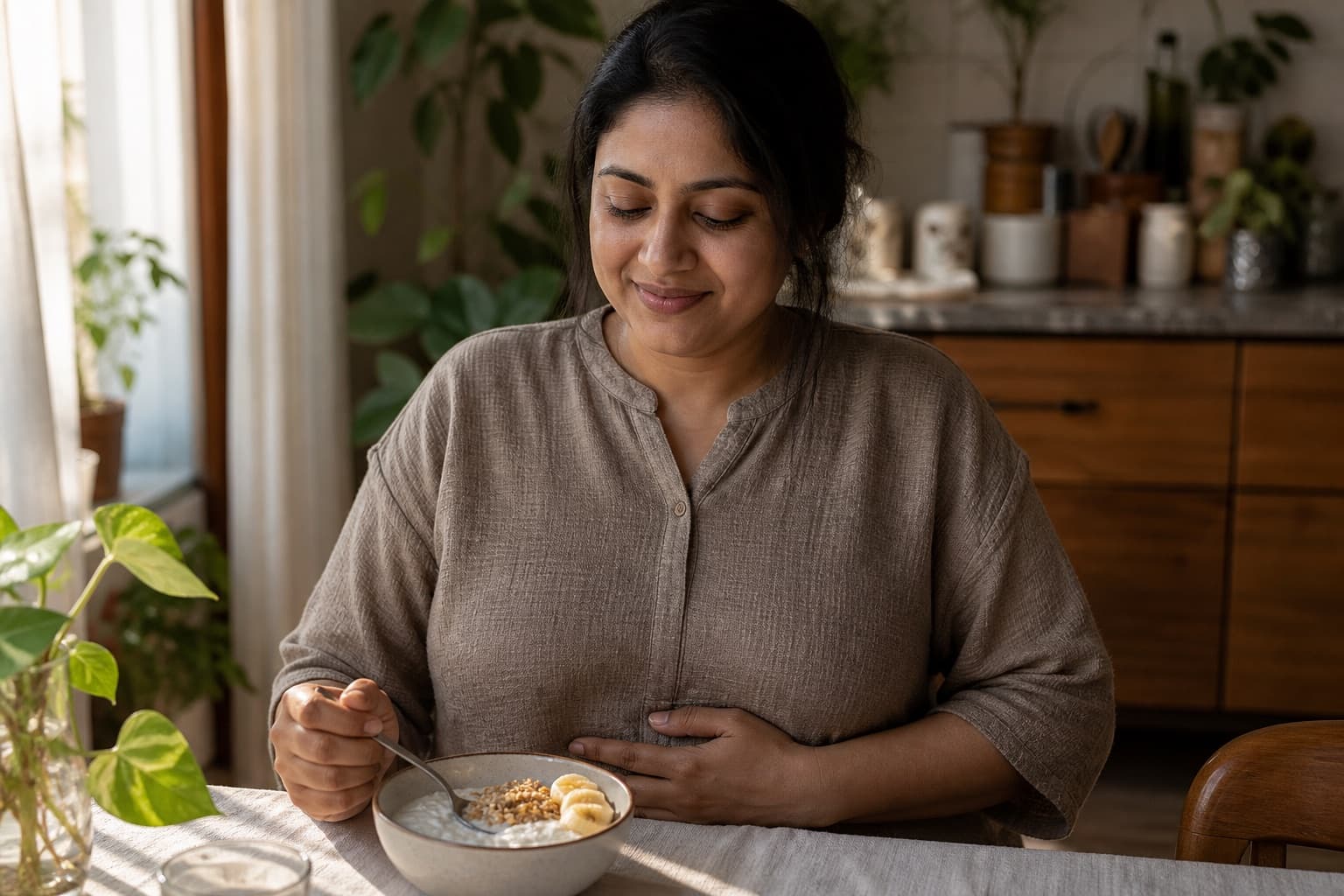 A woman sitting with a simple yogurt and fruit breakfast in morning light