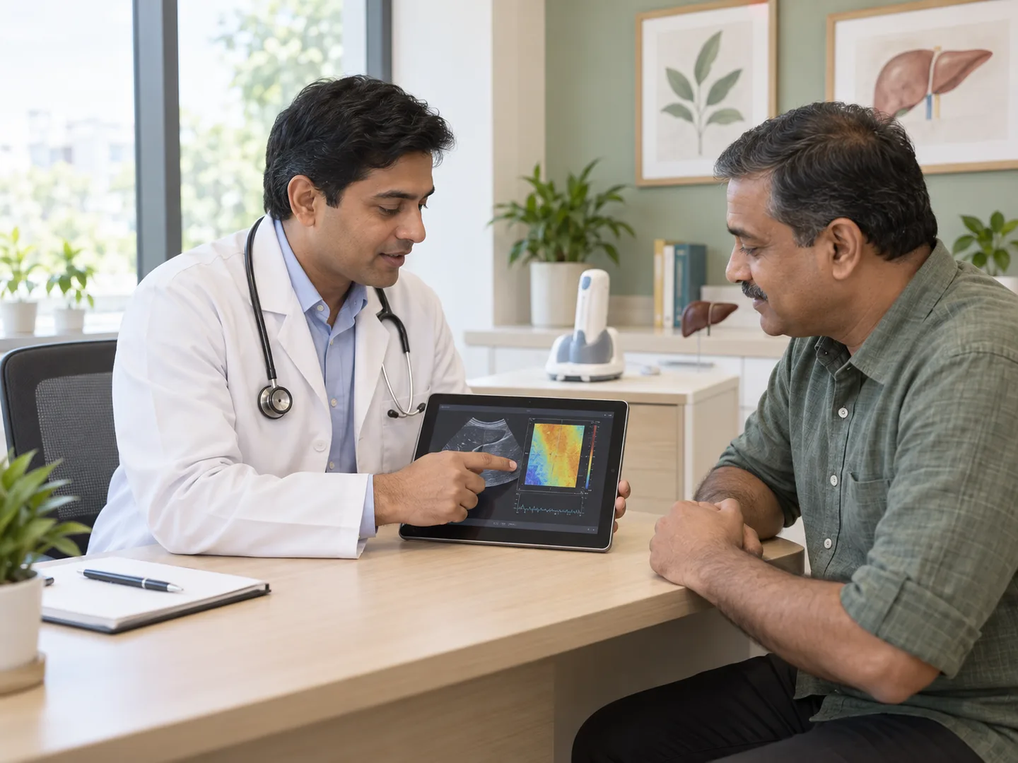 A doctor reviewing a non-invasive liver elastography scan with a patient