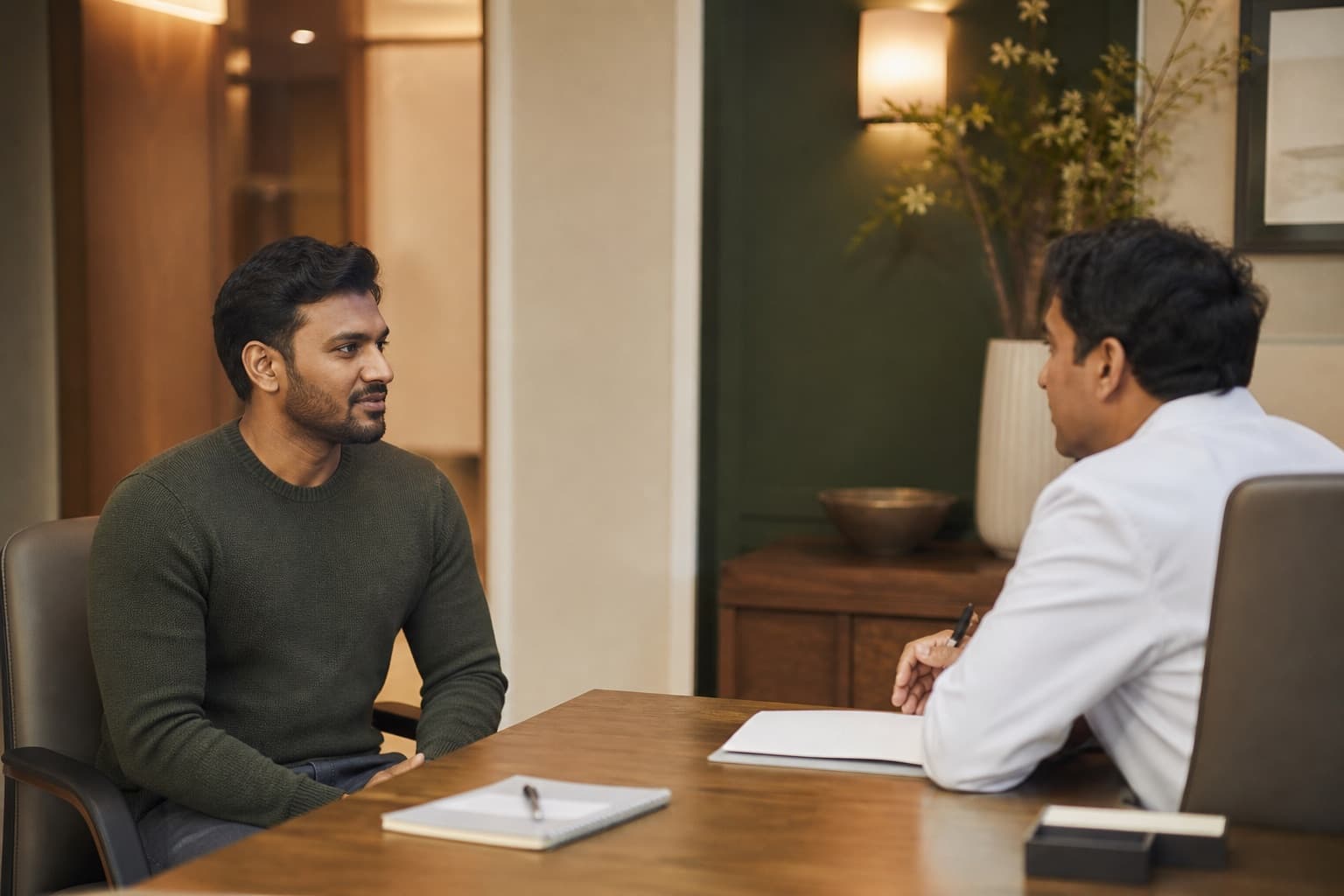 A doctor speaking with a male patient across a desk in a warm clinic room
