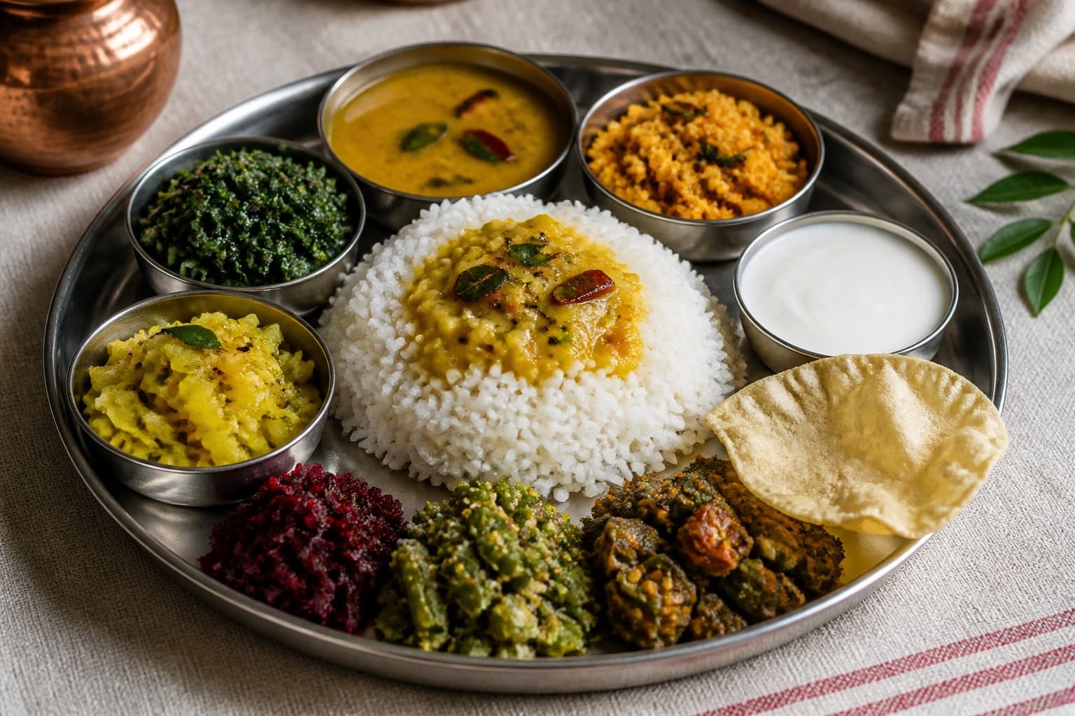 A South Indian vegetarian thali of rice, dal, vegetables and curd on a steel plate