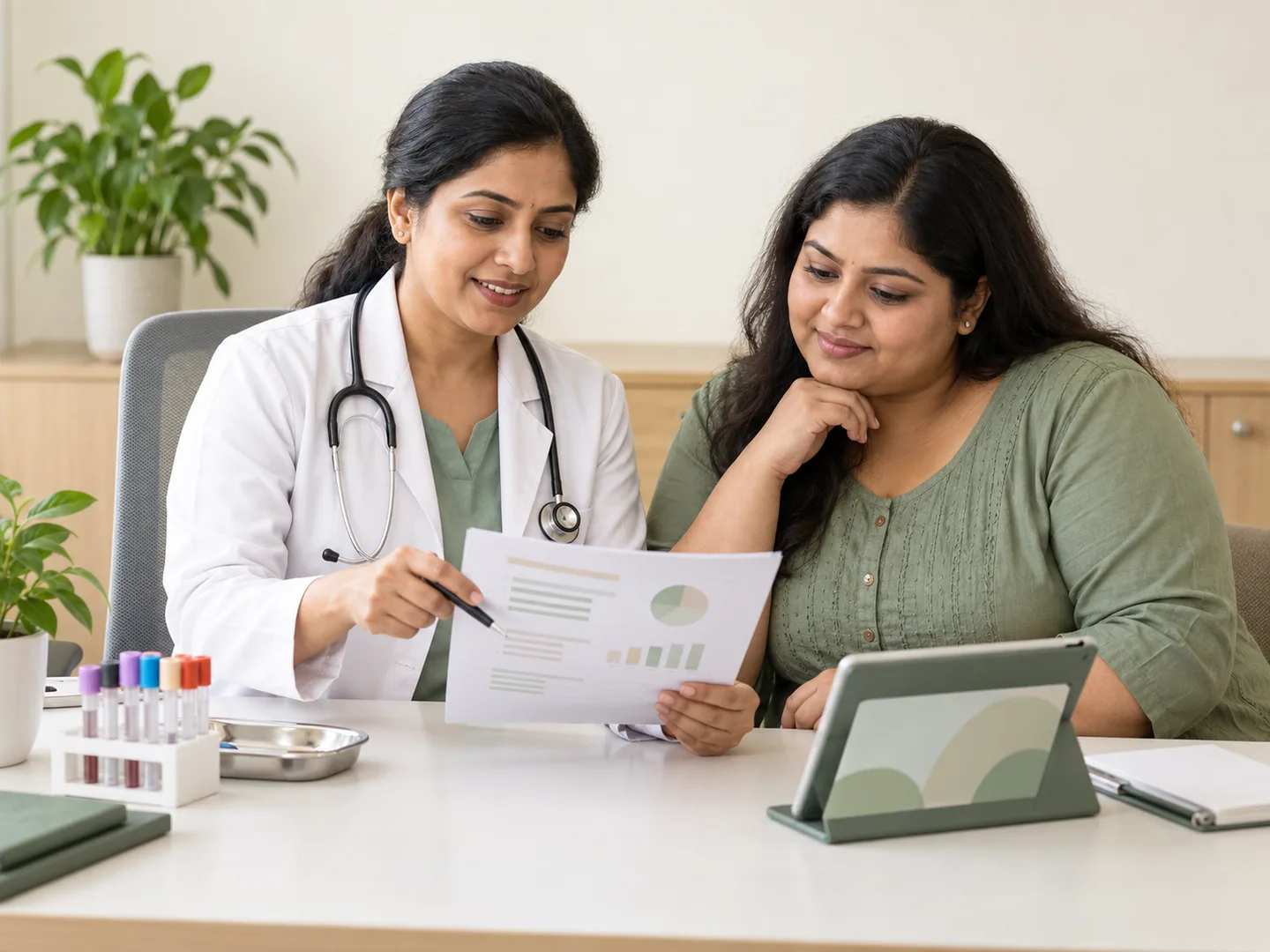 A doctor reviewing a metabolic blood-test report with a patient