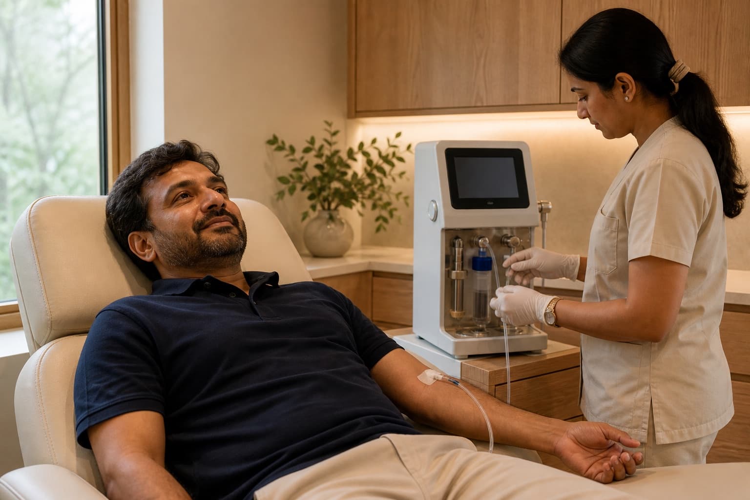 A man reclining in a clinic chair while a clinician prepares ozone therapy equipment
