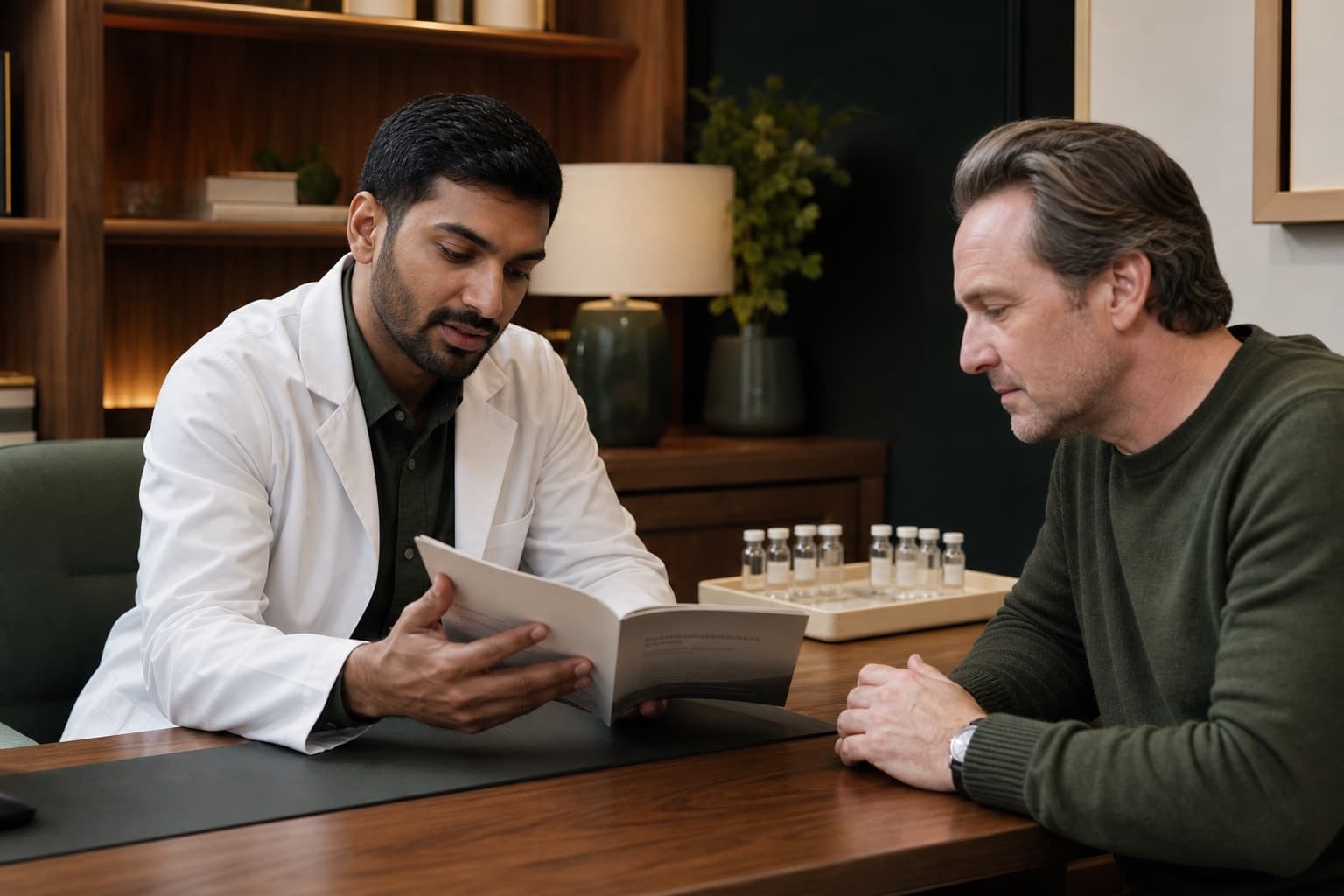 A vial of peptide therapy medication with a clinical consultation in the background