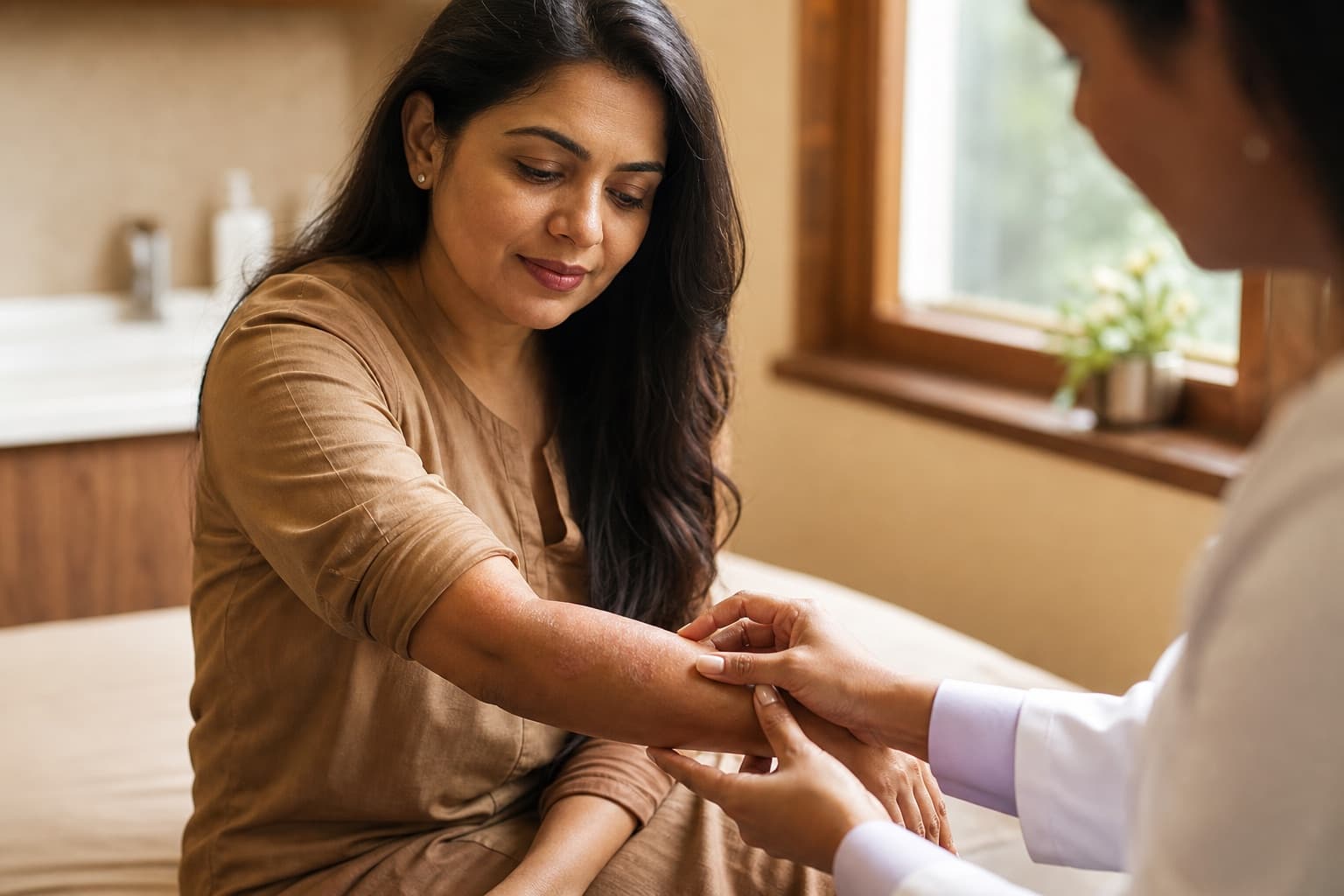A clinician examining a patient's skin during a dermatology consultation