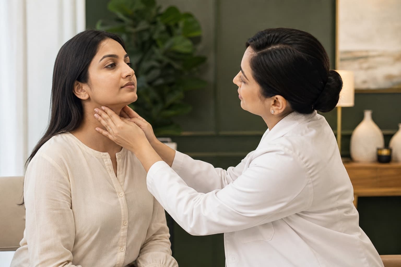 A doctor examining a woman’s neck during a thyroid consultation