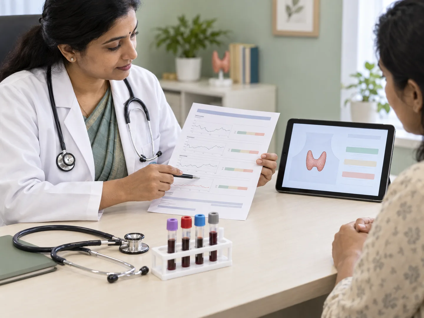 A thyroid hormone-panel report being reviewed beside capped sample tubes and a thyroid diagram