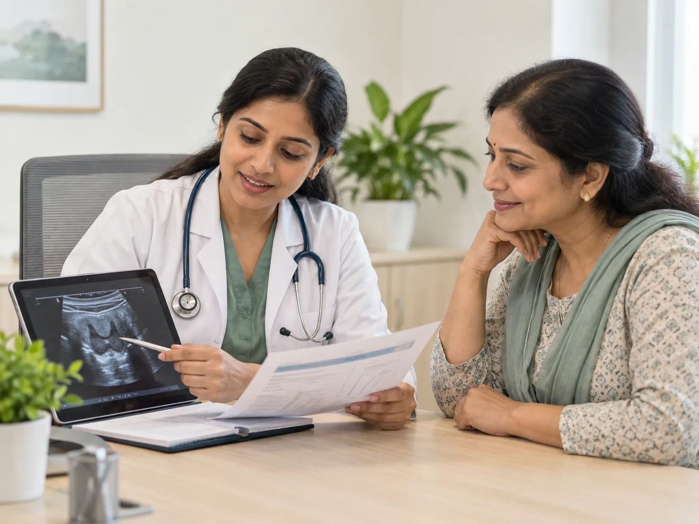 A doctor reviewing a thyroid ultrasound and hormone-panel report with a patient
