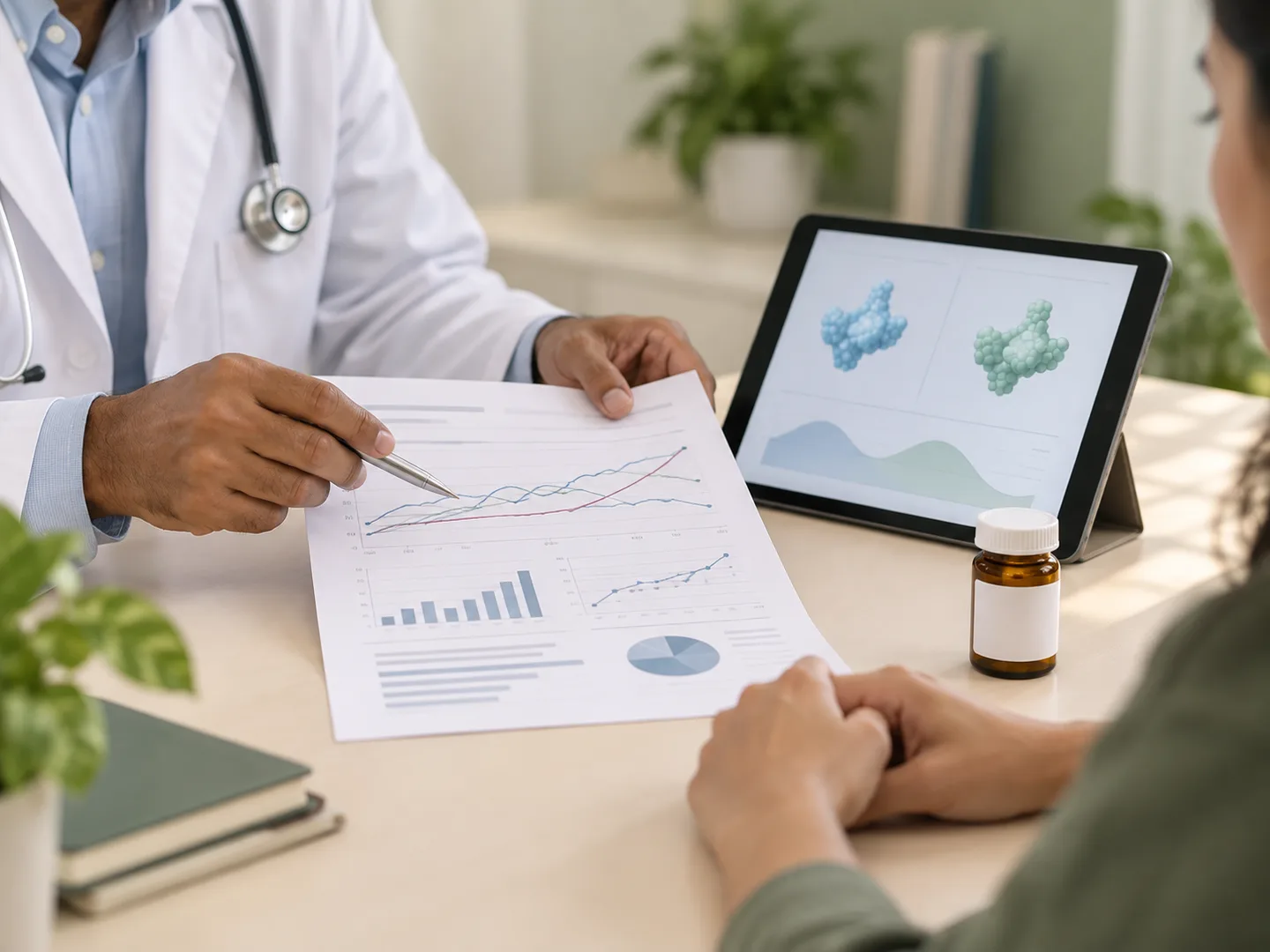 A doctor reviewing thyroid laboratory trends alongside a prescription bottle
