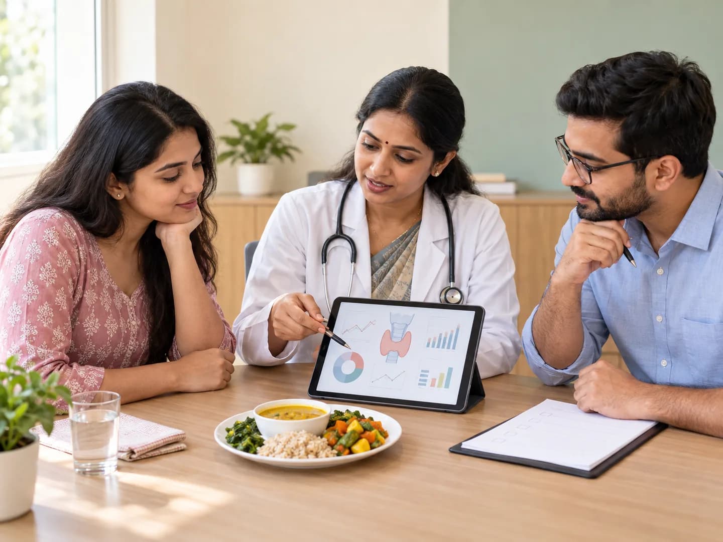 A patient discussing a multidisciplinary thyroid care plan with a doctor and nutritionist