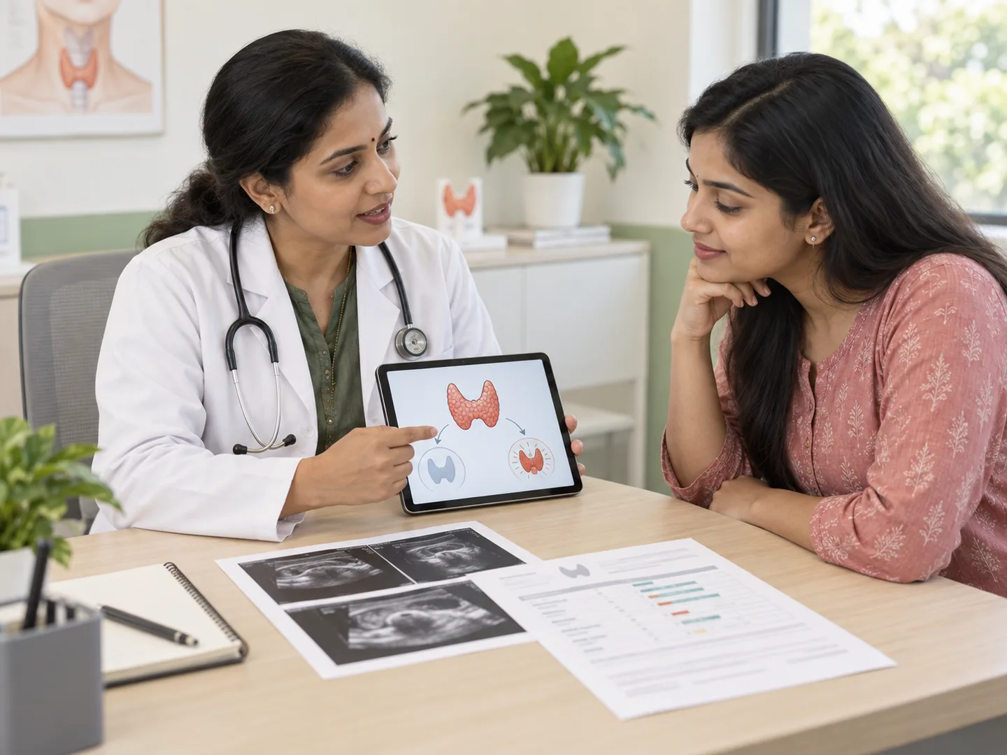 A doctor explaining thyroid-function findings to a patient