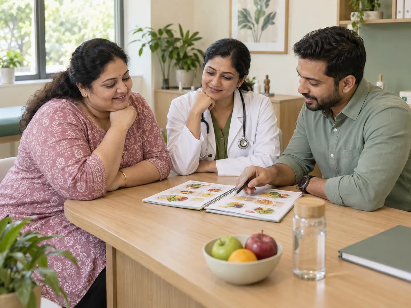 A woman discussing a personalised meal plan with a doctor and nutrition coach