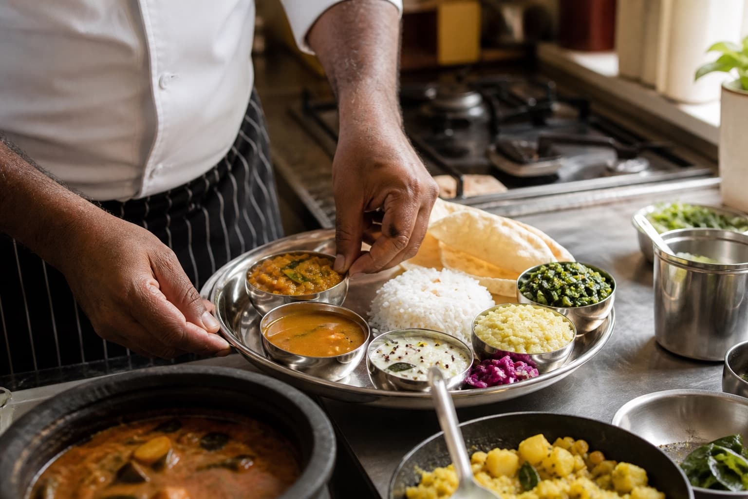 A cook plating a South Indian vegetarian thali in a sunlit kitchen