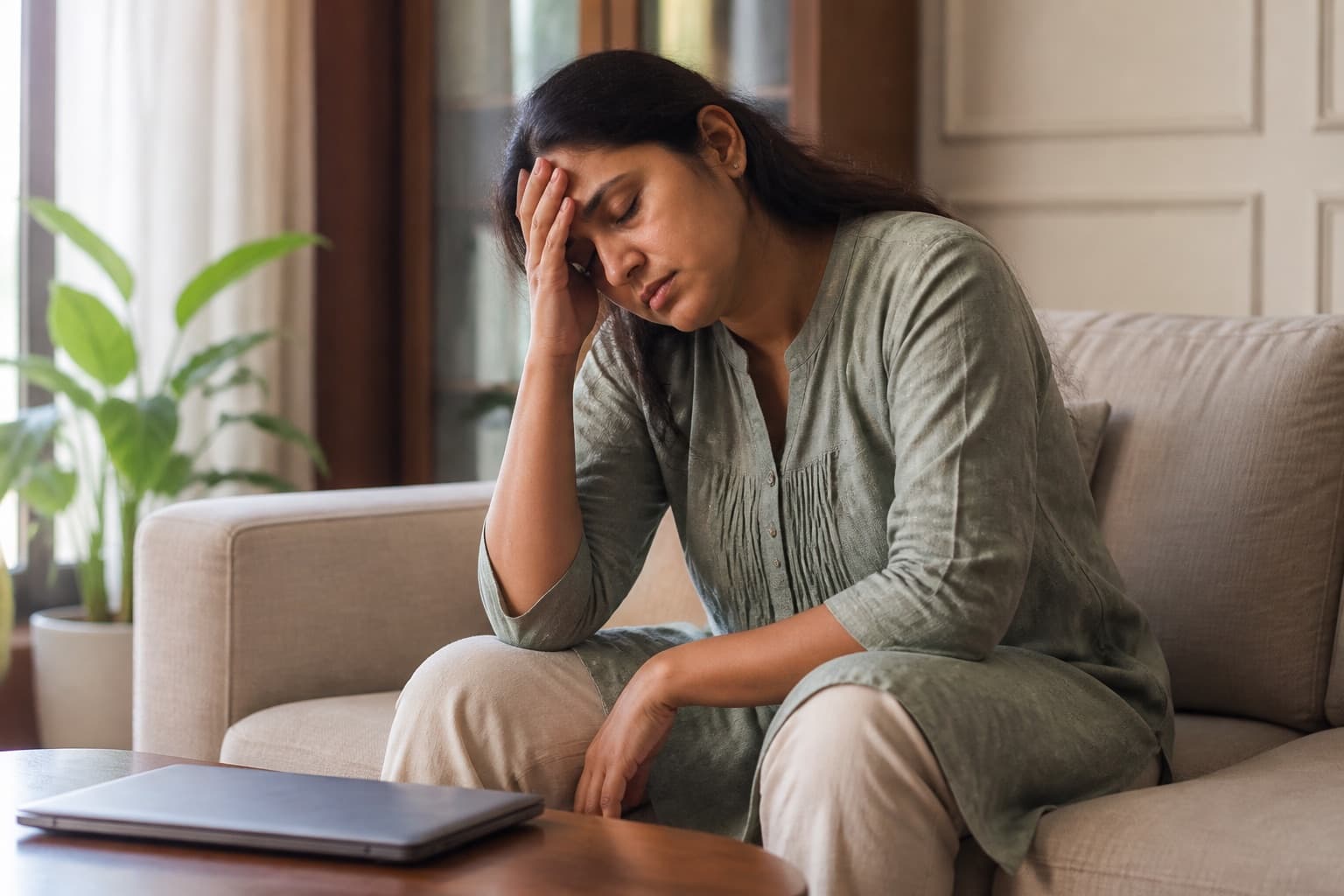 A woman sitting exhausted on a sofa in afternoon light, a closed laptop on the table