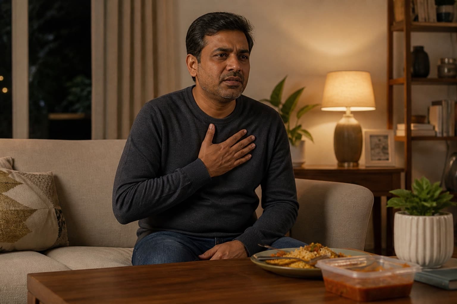 A man experiencing discomfort holding his chest after a meal