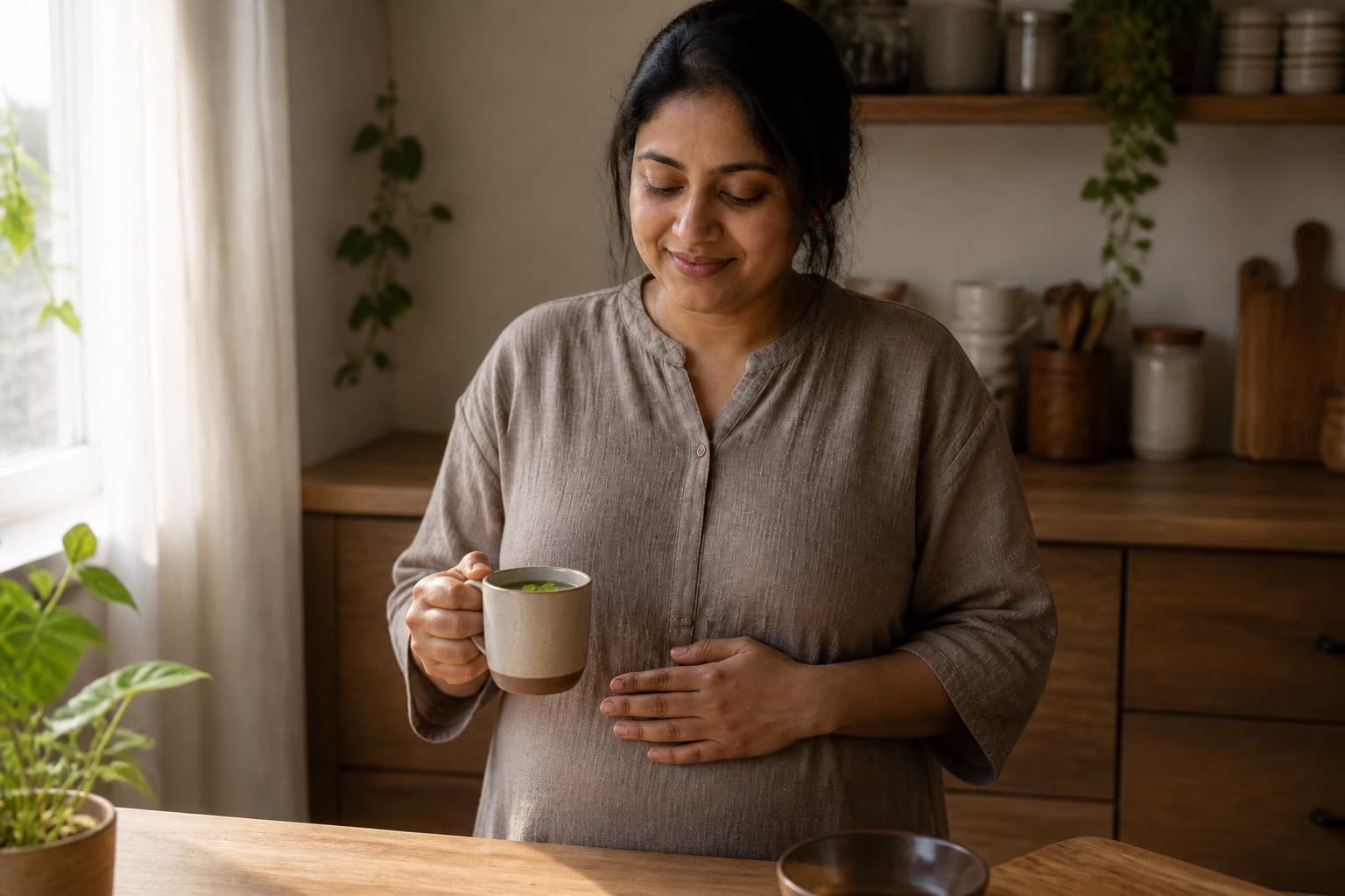 A woman resting a hand on her abdomen in gentle discomfort