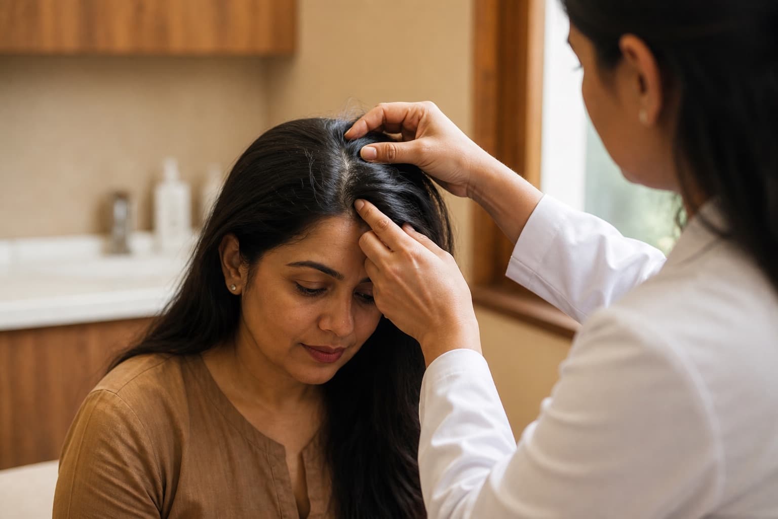 A clinician gently looking at a woman’s scalp during a dermatology visit