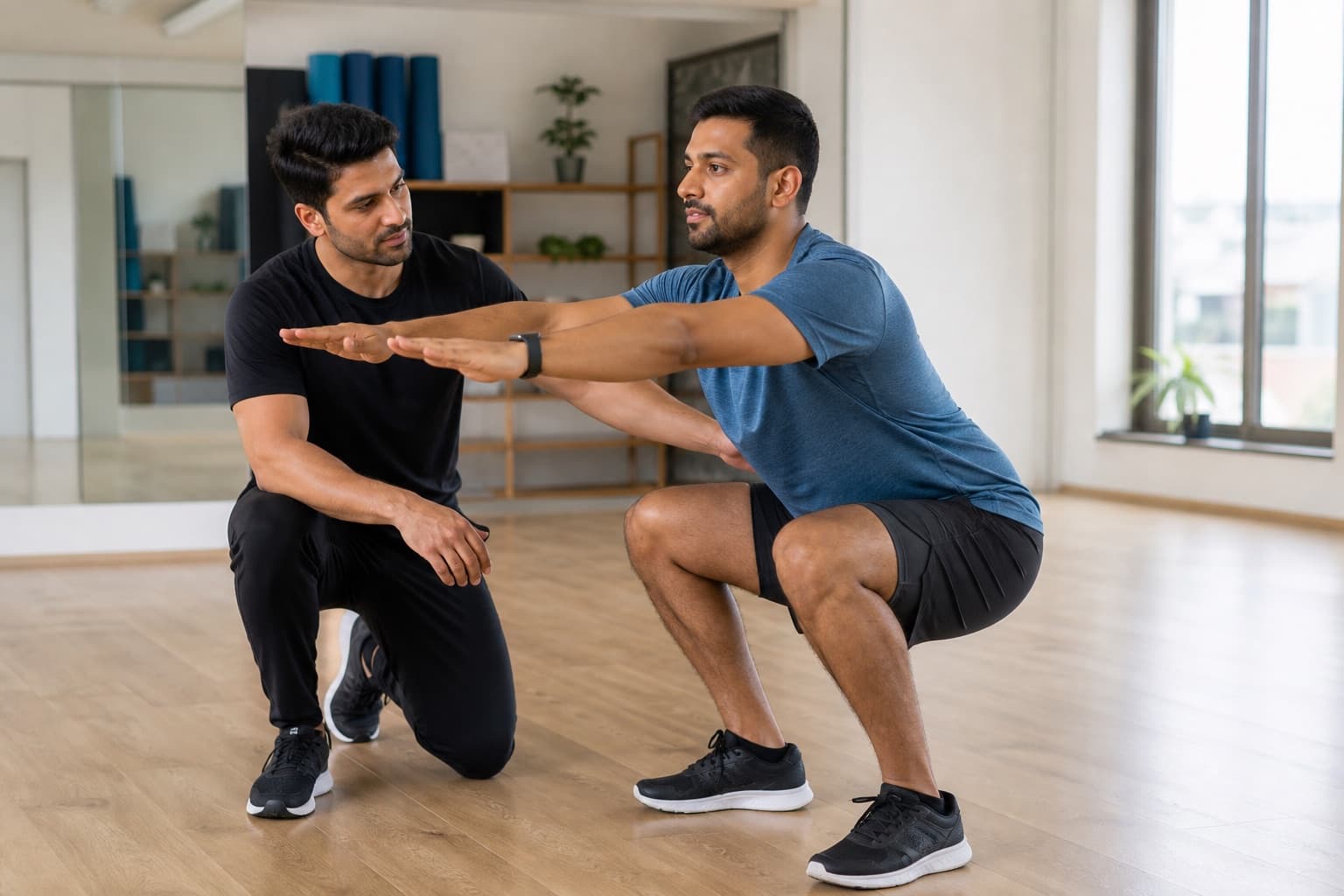 A personal trainer guiding a client through a strength session